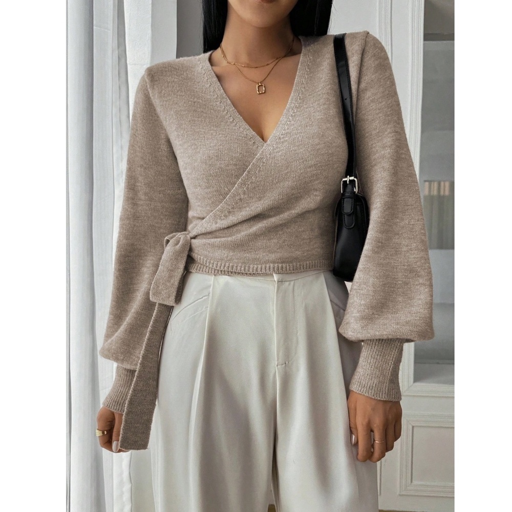 Khaki Wrap Knit Cardigan Long Sleeve Side Tie